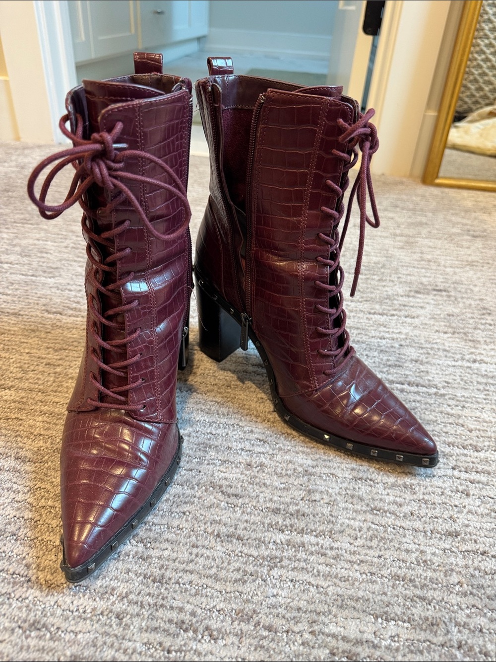 Charles David Burgundy Croc-Embossed Lace-Up Block Heel Ankle Boots
